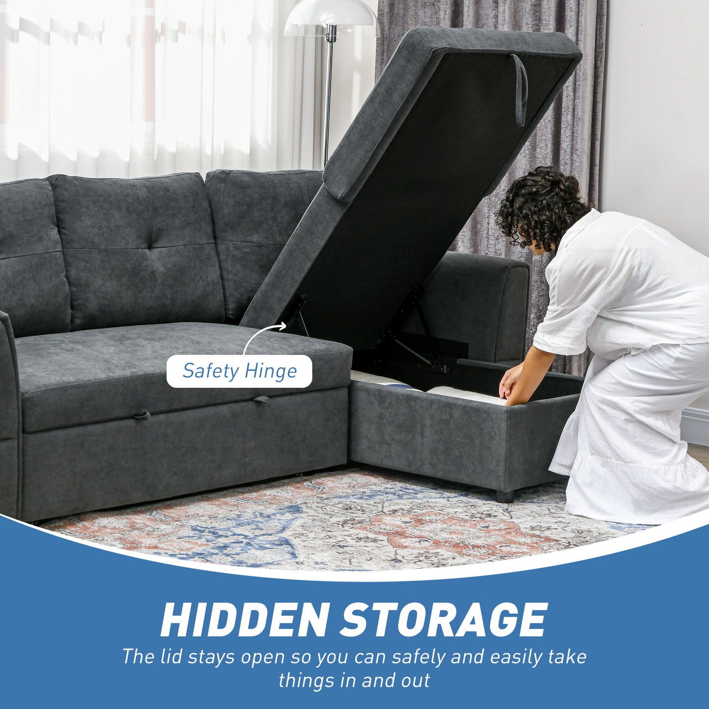 3 Seater Linen Look L-Shaped Corner Sofa, Pull Out Sofa with Storage Compartment In Dark Grey (Hurry Limited Stock)