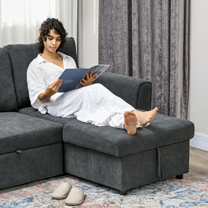 3 Seater Linen Look L-Shaped Corner Sofa, Pull Out Sofa with Storage Compartment In Dark Grey (Hurry Limited Stock)