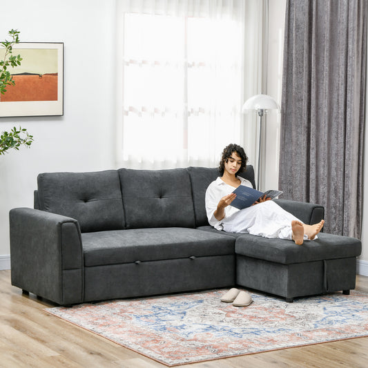 3 Seater Linen Look L-Shaped Corner Sofa, Pull Out Sofa with Storage Compartment In Dark Grey (Hurry Limited Stock)