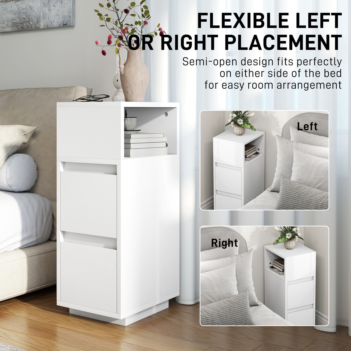 Slim Bedside Table, Bedside Cabinet with Open Shelf and 2 Drawers