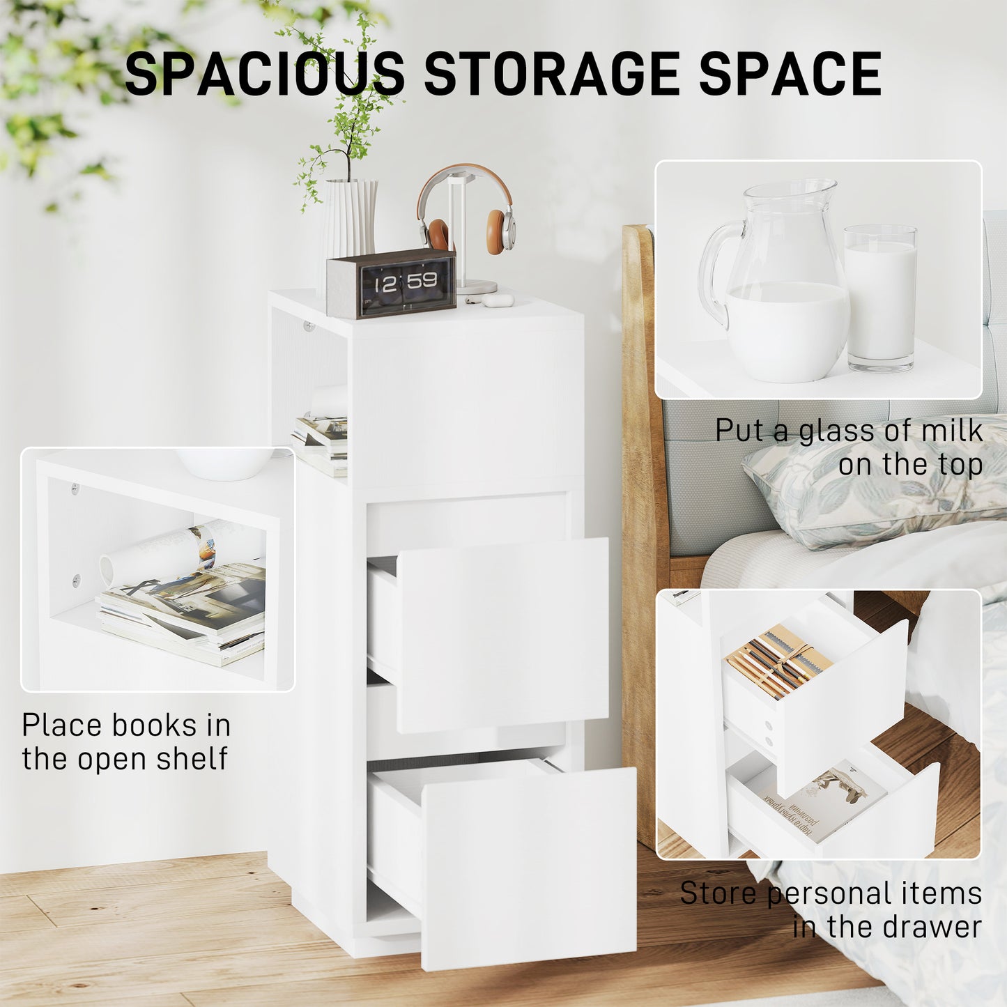 Slim Bedside Table, Bedside Cabinet with Open Shelf and 2 Drawers