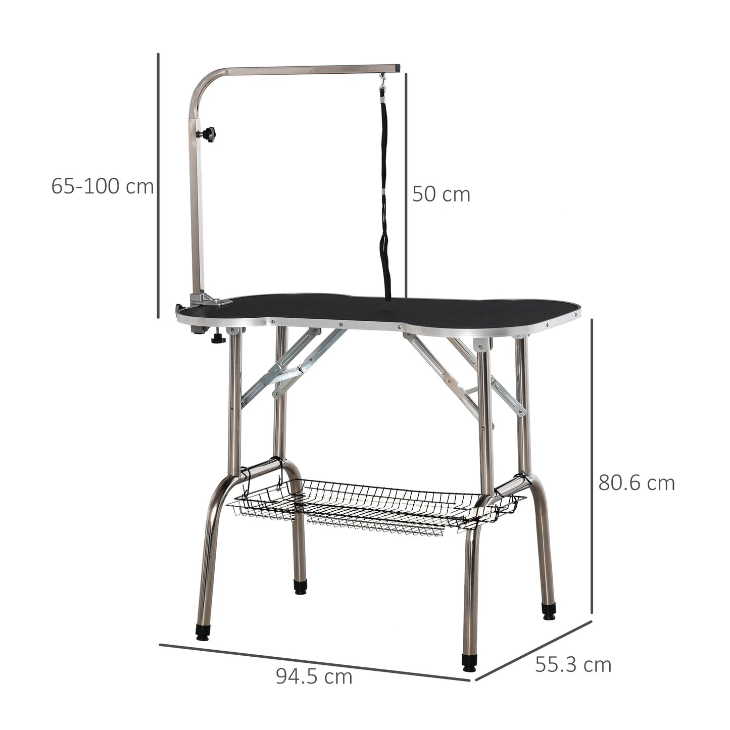 Foldable Dog Grooming Table Pet Drying Table with Adjustable Arm Non-Slip Rubber Tabletop Aluminium Alloy Edge Stainless Steel Bar Sling 94.5 x 55 x 81cm Black