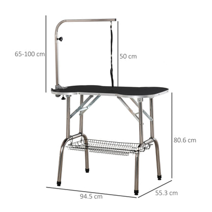 Foldable Dog Grooming Table Pet Drying Table with Adjustable Arm Non-Slip Rubber Tabletop Aluminium Alloy Edge Stainless Steel Bar Sling 94.5 x 55 x 81cm Black