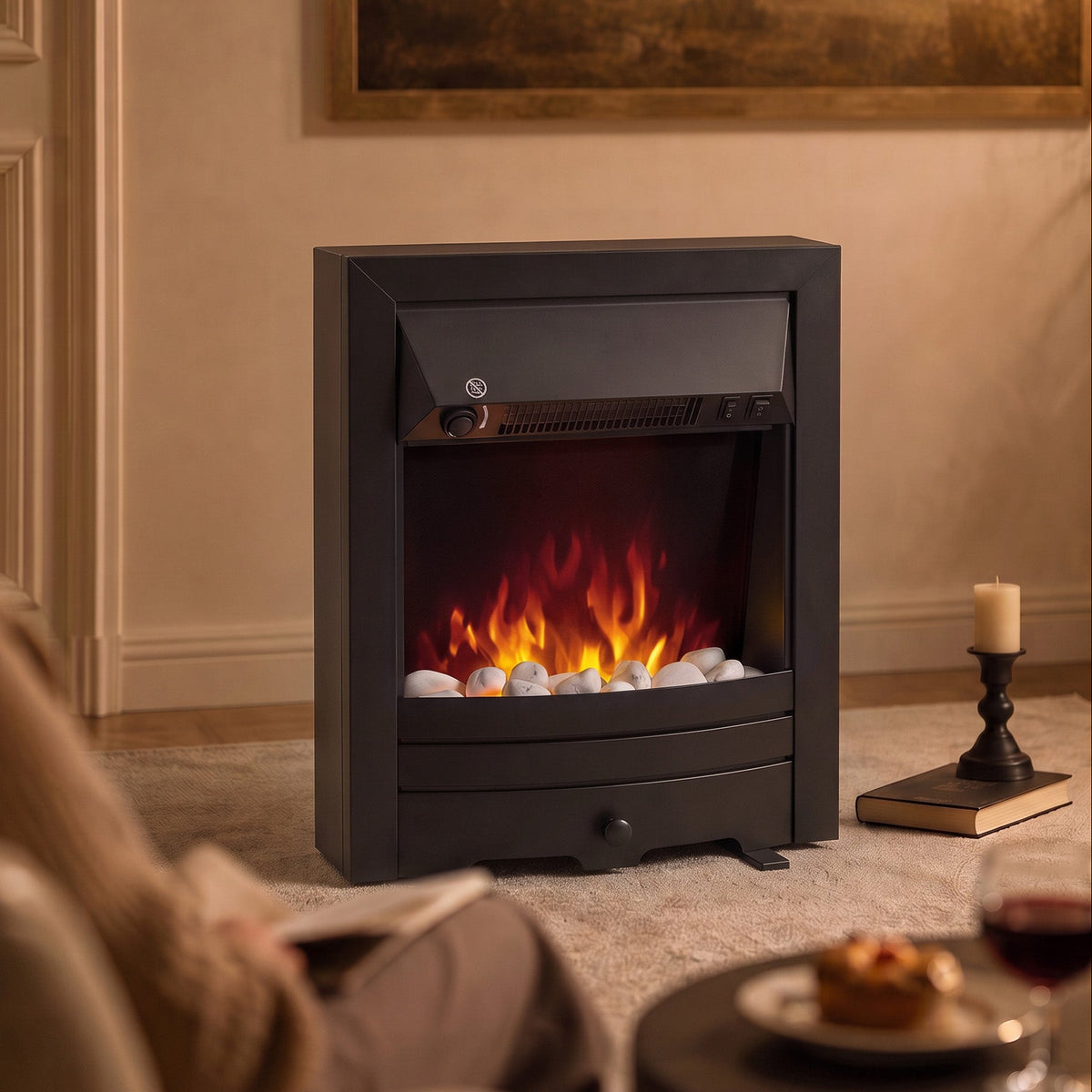 2000W Freestanding or Inset Electric Fire with Pebble Effect - Matt Black