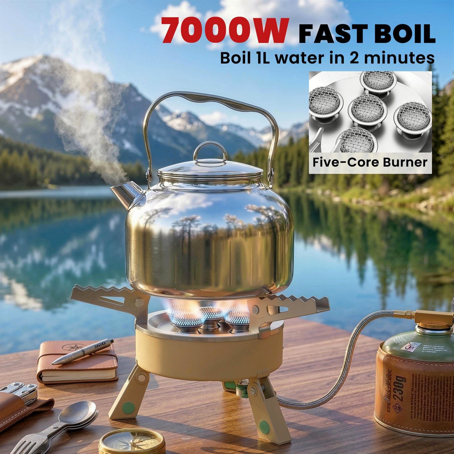 7000W Camping Stove with Piezo Ignition, High Power Gas Stove Khaki