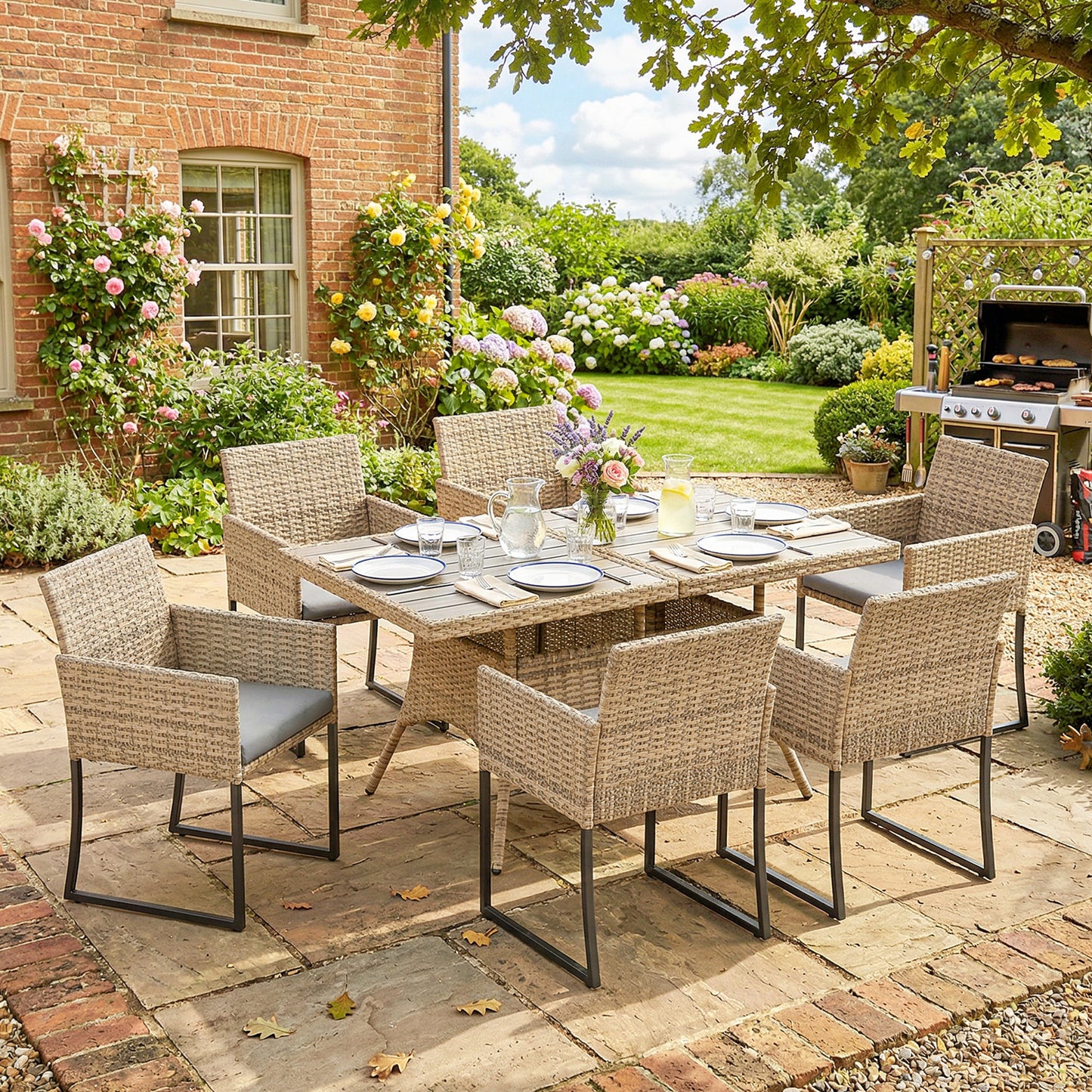 7 Piece Rattan Garden Furniture Set, Garden Dining Set with Wood-Plastic Table and 6 Stackable Chairs, Light Brown