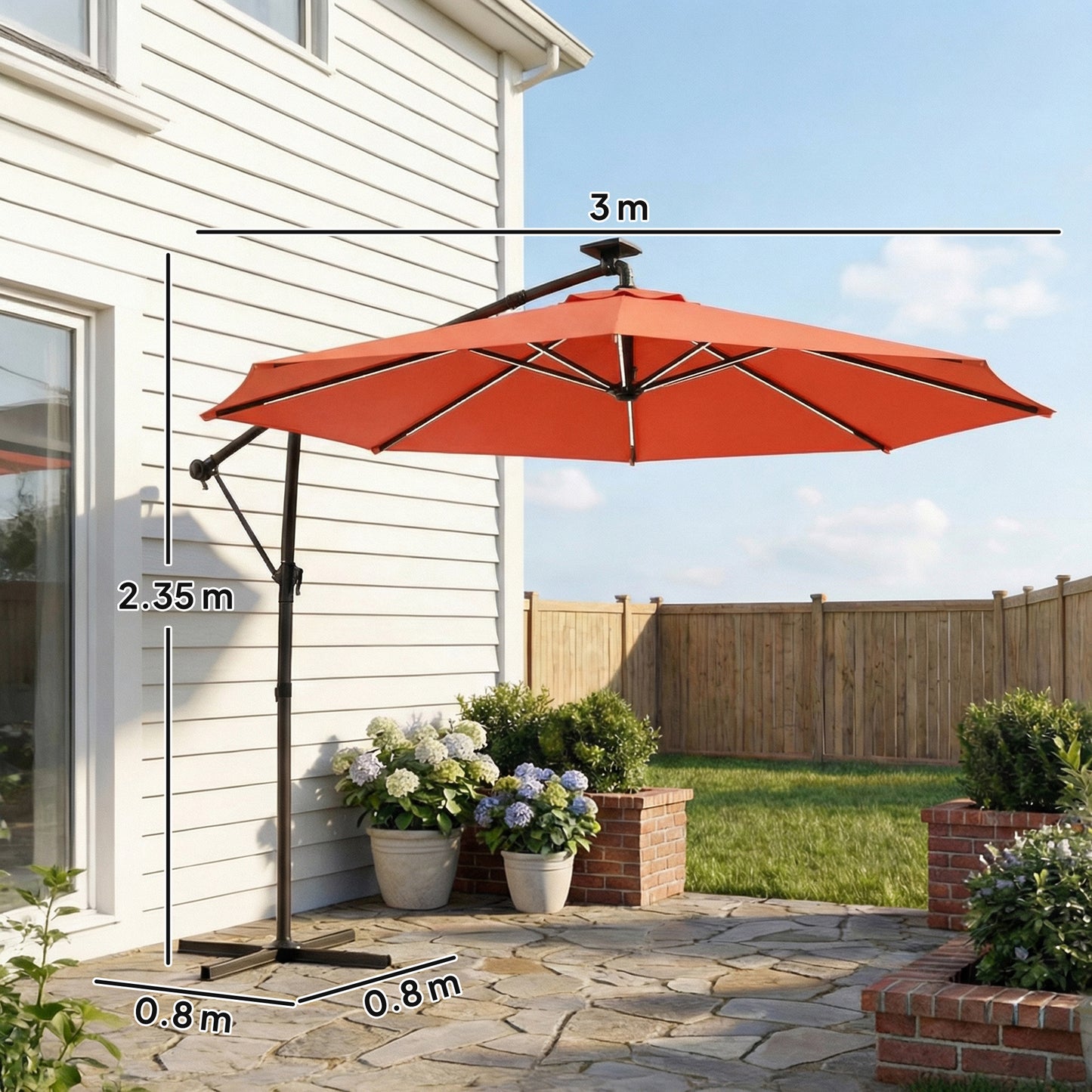 3 m Garden Cantilever Parasol with Solar Light, Rotation, Orange