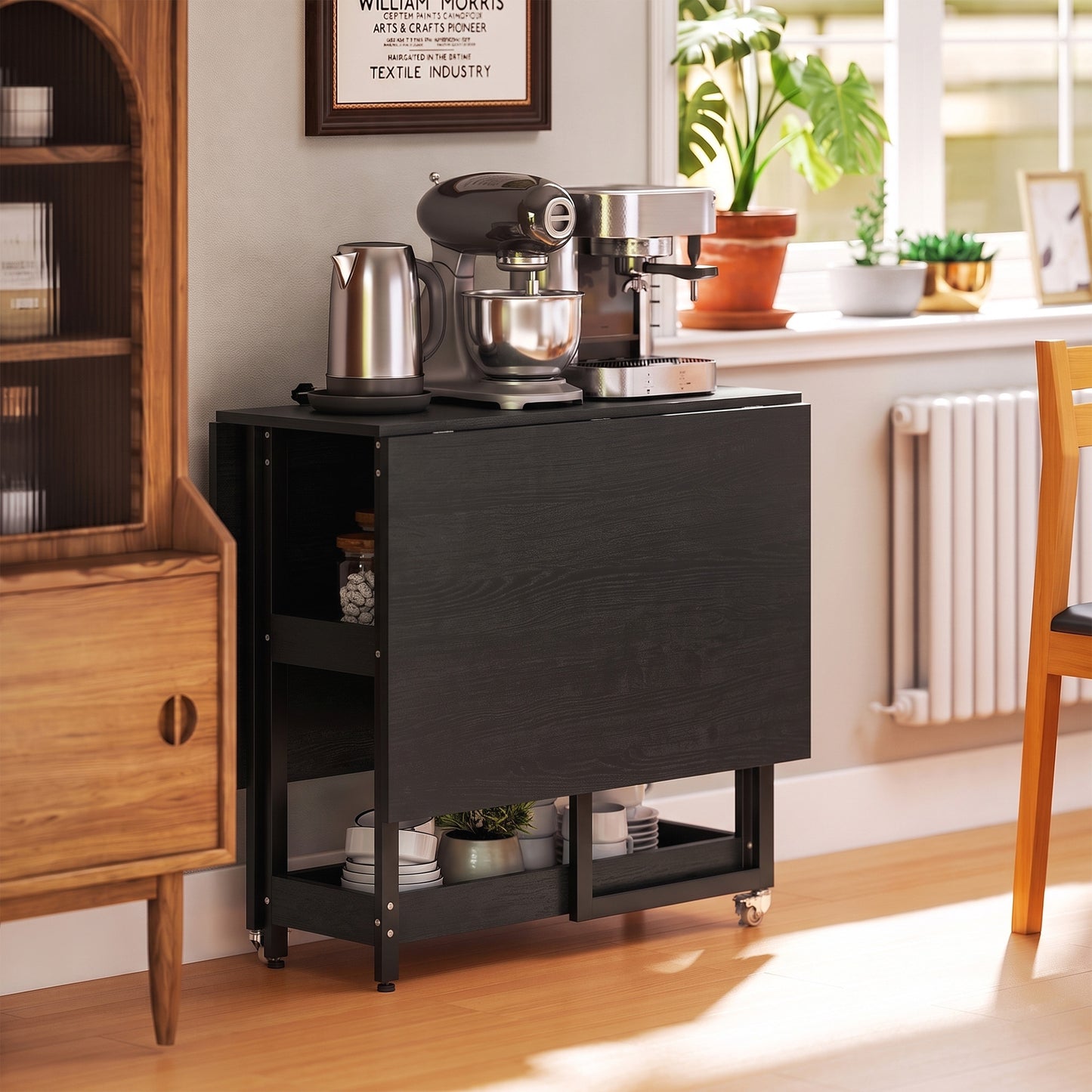 Folding Dining Table, Drop Leaf Table w/ Open Compartments, Black