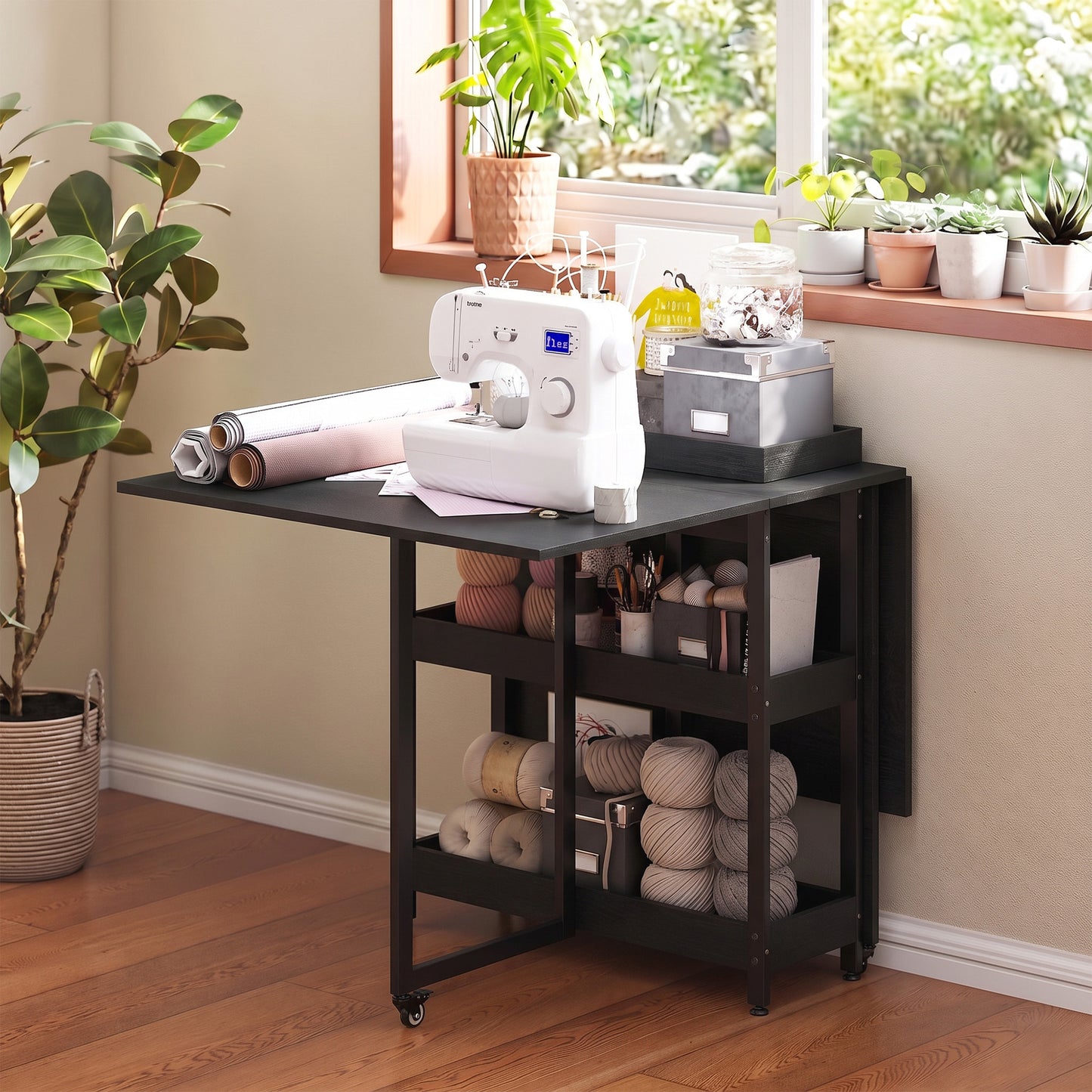 Folding Dining Table, Drop Leaf Table w/ Open Compartments, Black