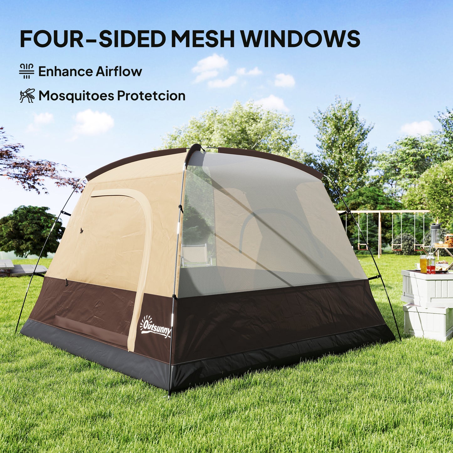 3-4 Person Camping Tent, Waterproof Tent, Brown