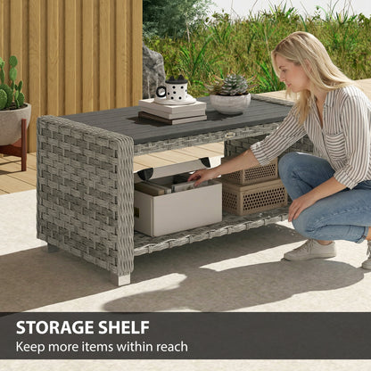 Outdoor Coffee Table with Storage Shelf and Slatted Top, Grey