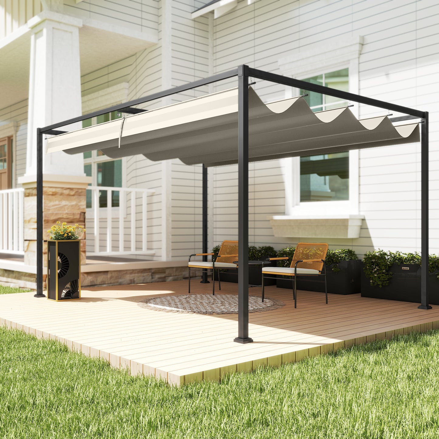 3x2m Metal Pergola Gazebo Patio Sunshelter Retractable Canopy Cream