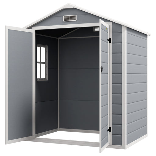 6'x4.5' Garden Storage Shed, Lockable Garden Shed with Double Doors, Window, Vent and Plastic Roof, Grey