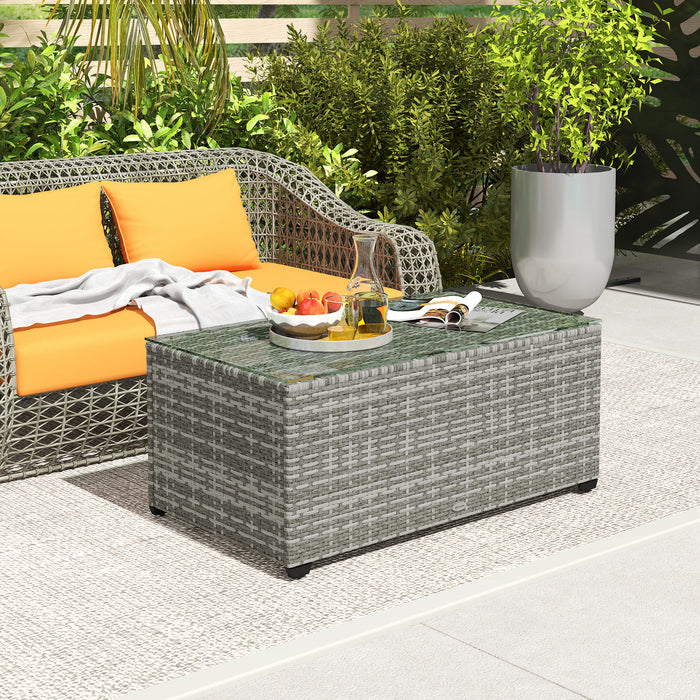 Outdoor Coffee Table, Glass Top Rattan Side Table, Light Grey