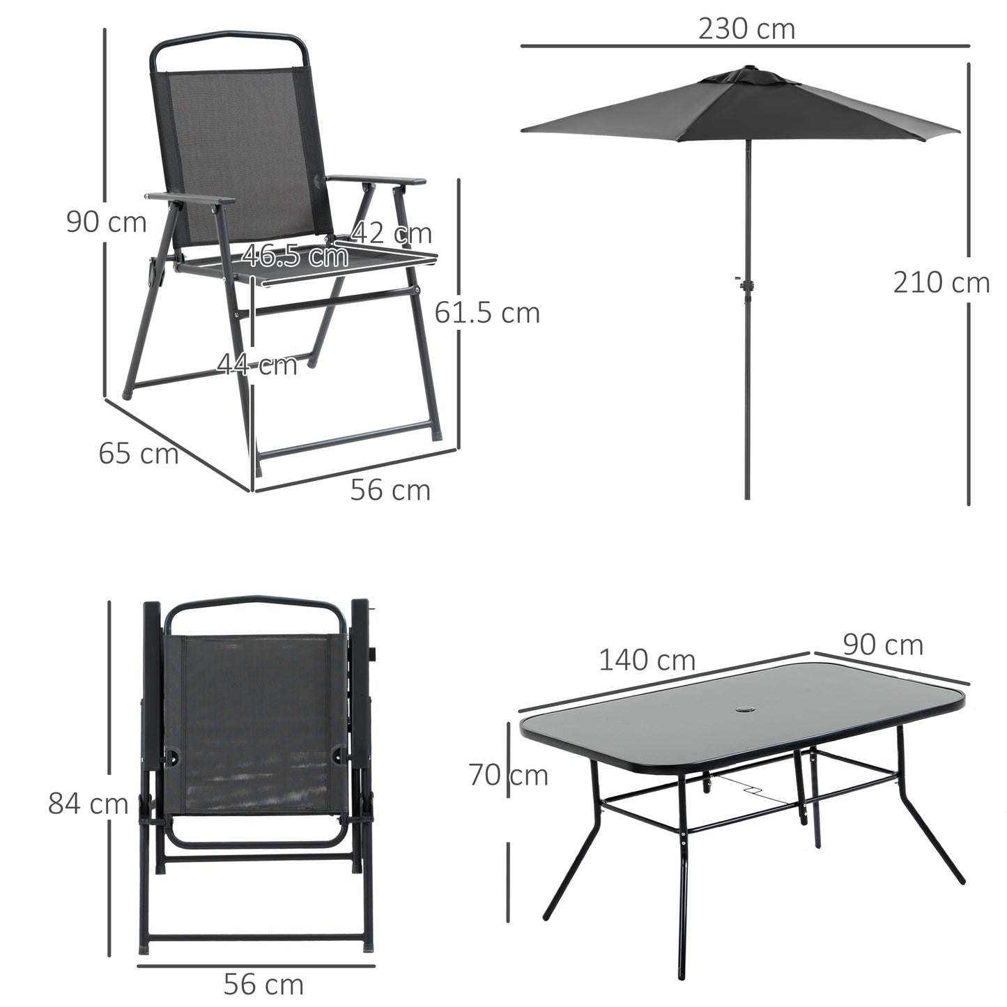 8 Pcs Garden Table and Chairs with Parasol Tempered Glass Top Black