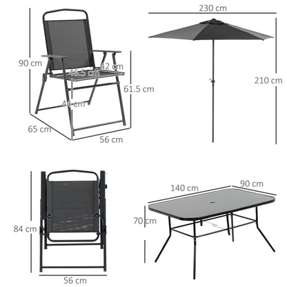 8 Pcs Garden Table and Chairs with Parasol Tempered Glass Top Black