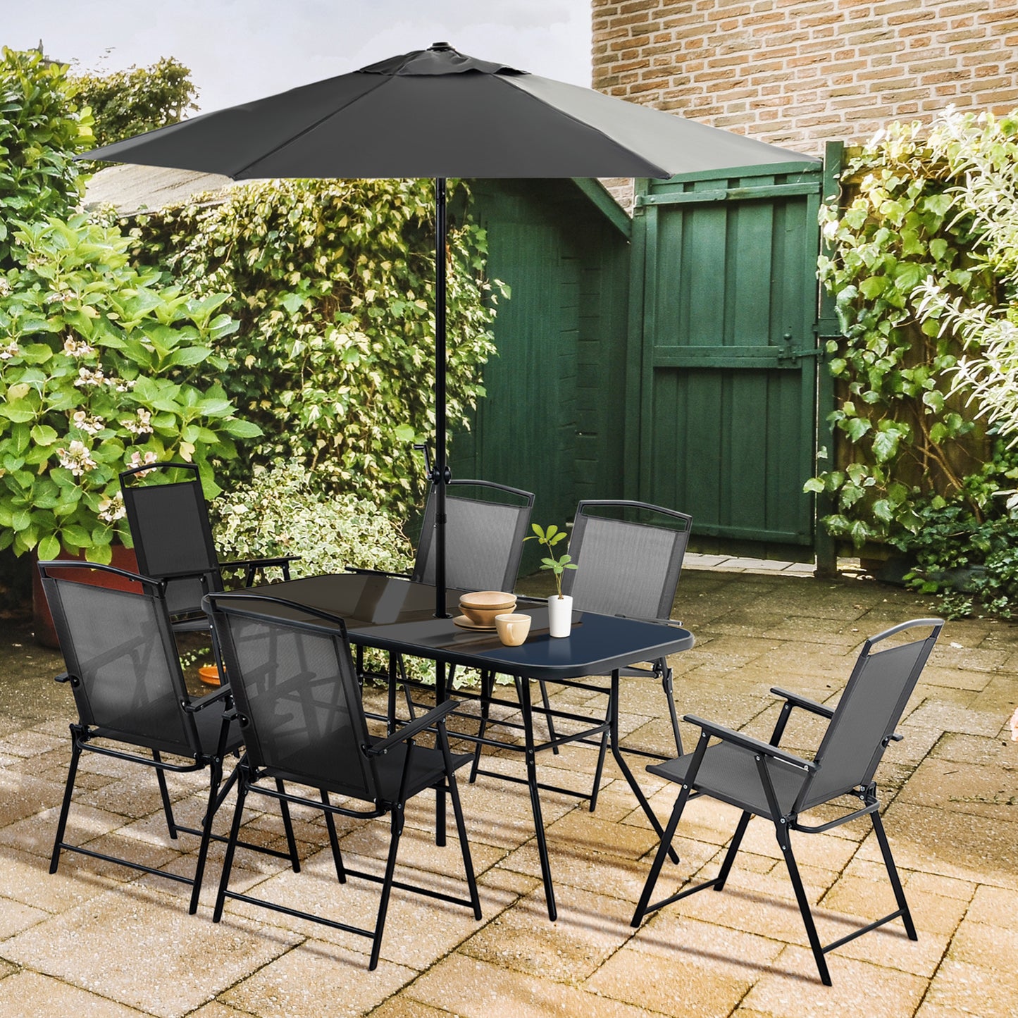 8 Pcs Garden Table and Chairs with Parasol Tempered Glass Top Black
