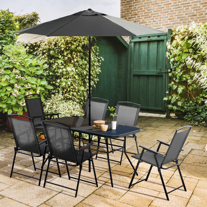 8 Pcs Garden Table and Chairs with Parasol Tempered Glass Top Black