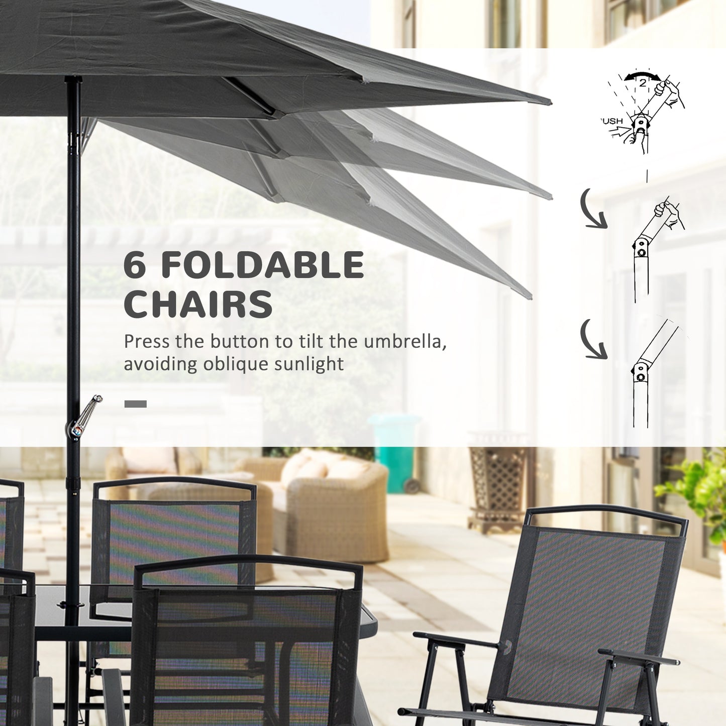 8 Pcs Garden Table and Chairs with Parasol Tempered Glass Top Black