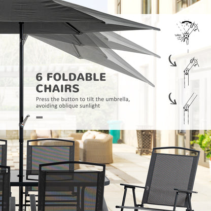 8 Pcs Garden Table and Chairs with Parasol Tempered Glass Top Black