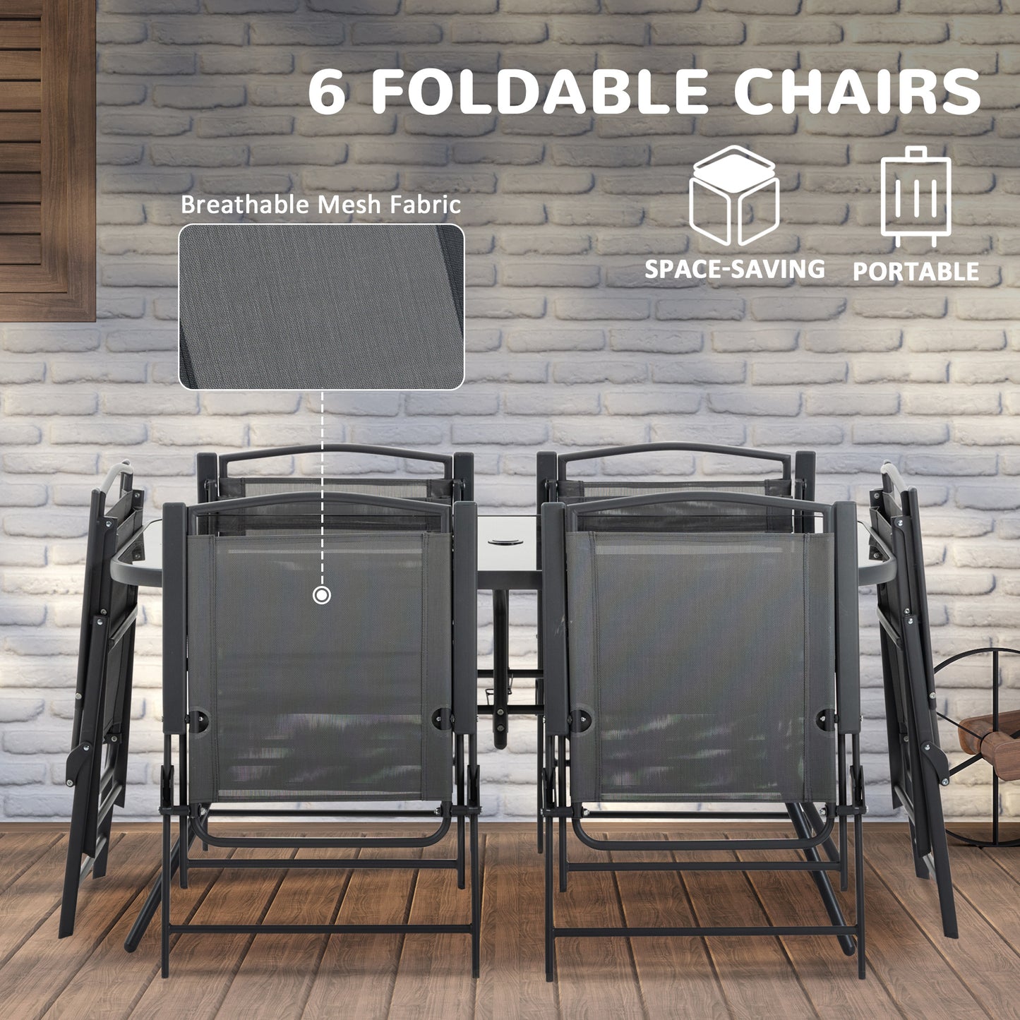 8 Pcs Garden Table and Chairs with Parasol Tempered Glass Top Black