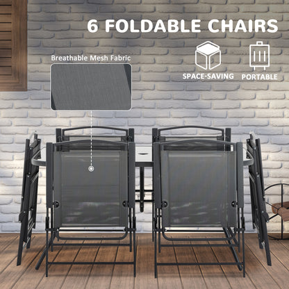 8 Pcs Garden Table and Chairs with Parasol Tempered Glass Top Black
