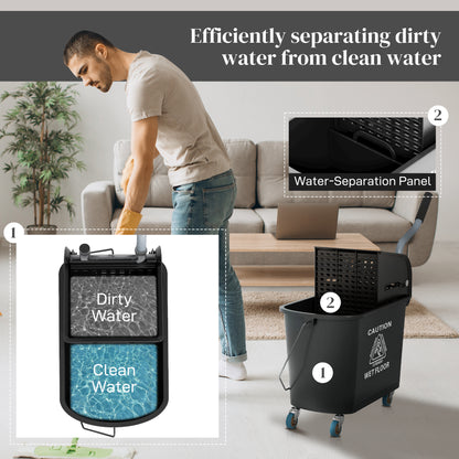 20L Mop Bucket with Wringer Handle on Wheels for Floor Cleaning Black