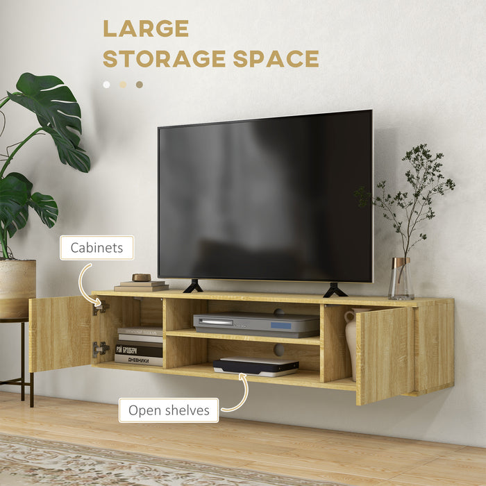 Floating TV Stand Cabinet for TVs up to 60 Inch, Media Entertainment Center with Open Shelf, Storage Cupboard, Natural Wood Effect