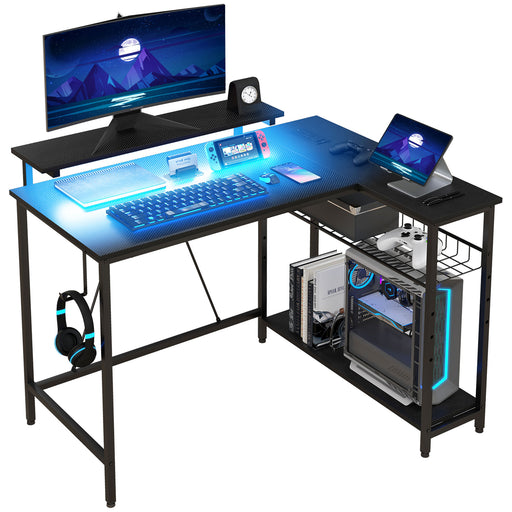 L Shaped Desk with LED Lights Reversible Corner Gaming Desk with Storage