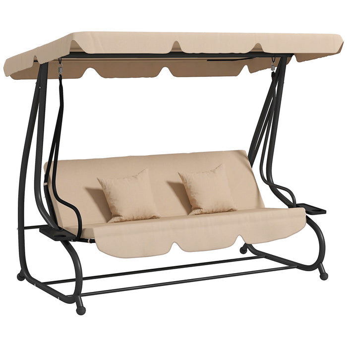 2-in-1 Garden Swing Chair for 3 Person w/ Adjustable Canopy Light Brown