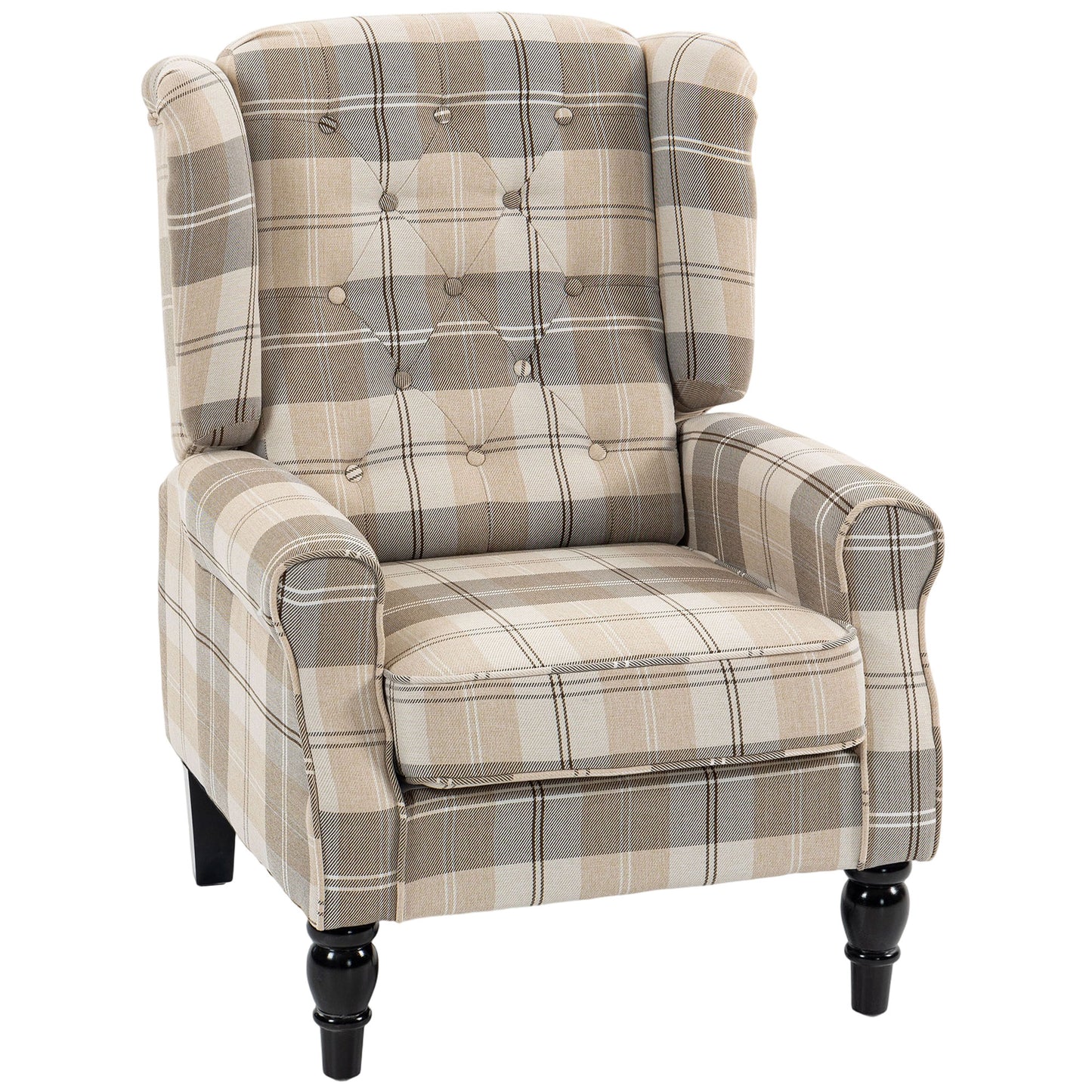 Accent Chair Wingback Armchair Retro Tufted, Khaki Plaid