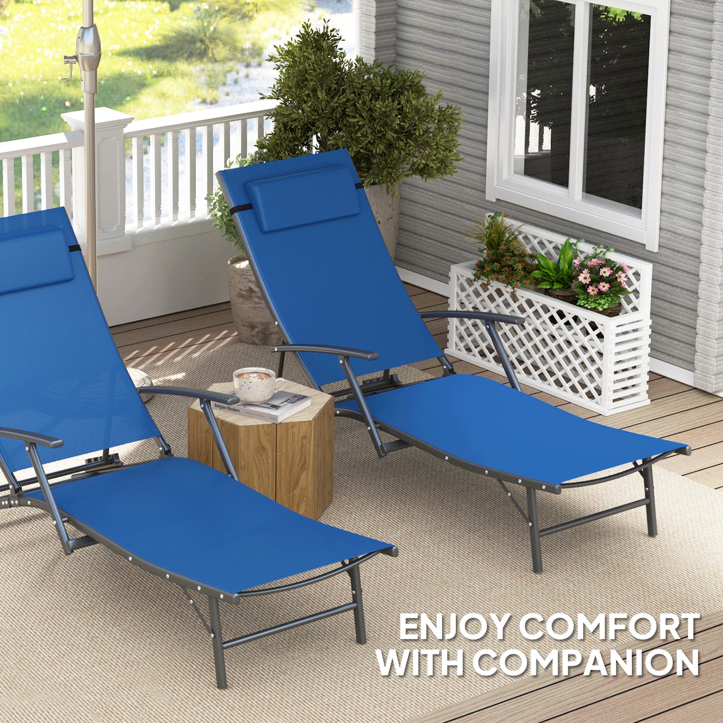 Set of 2 Garden Sun Loungers, Folding Chaise Lounge Chairs, Blue