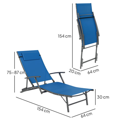 Set of 2 Garden Sun Loungers, Folding Chaise Lounge Chairs, Blue
