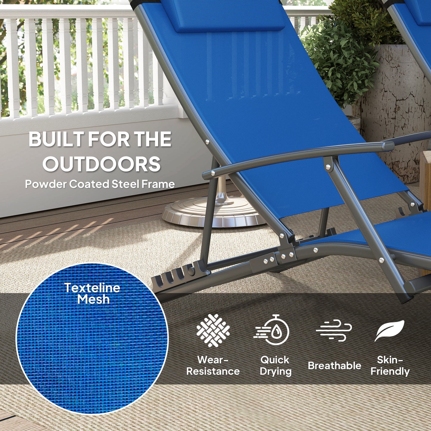 Set of 2 Garden Sun Loungers, Folding Chaise Lounge Chairs, Blue