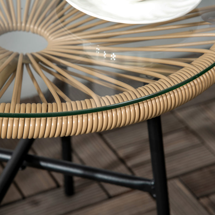 Rattan Side Table, Round Outdoor Coffee Table, with Round PE Rattan and Tempered Glass Table Top for Patio, Garden, Balcony, Black