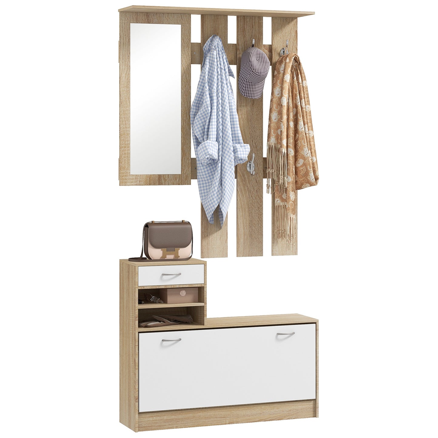 Hallway Furniture Set with Shoe Cabinet, Coat Rack and Mirror