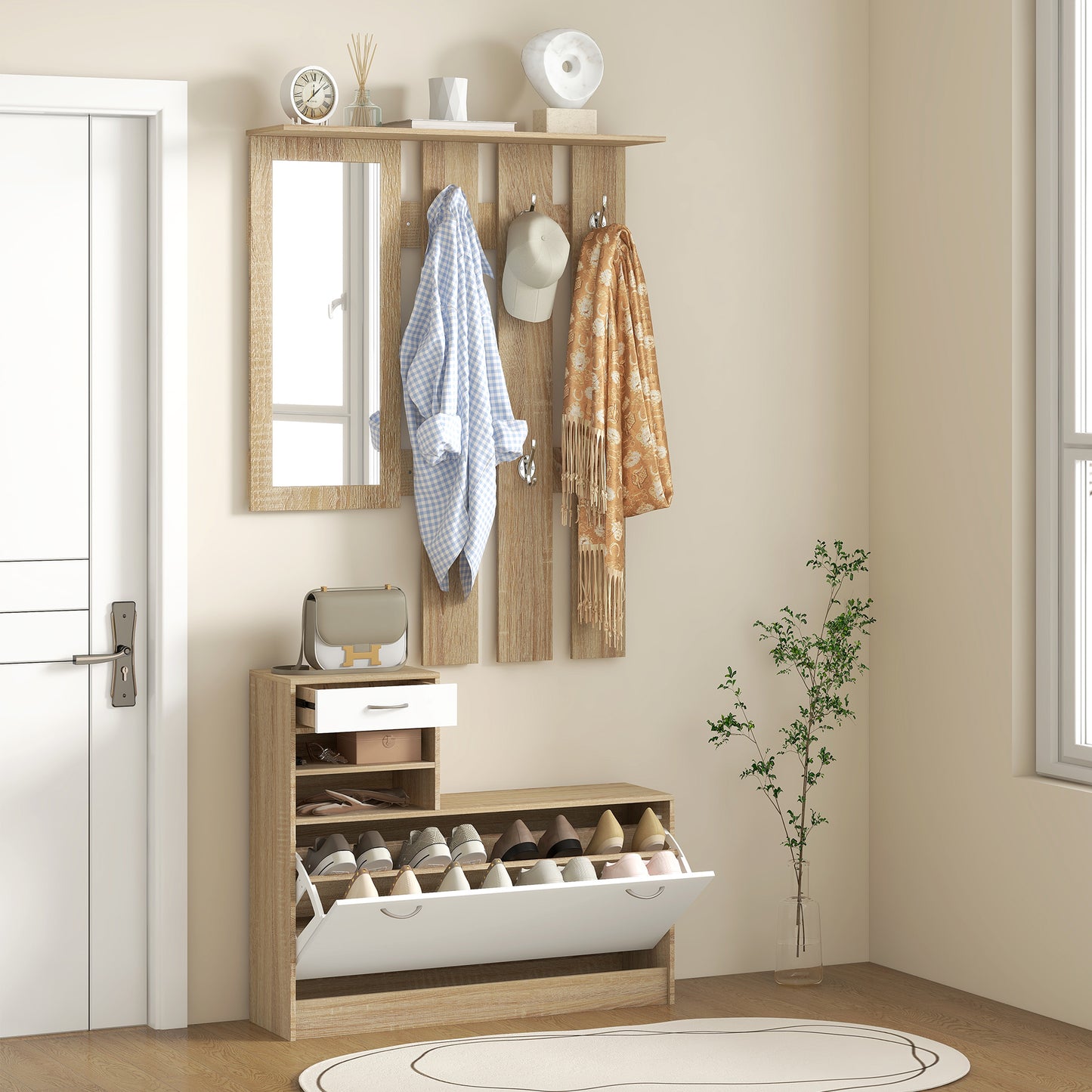 Hallway Furniture Set with Shoe Cabinet, Coat Rack and Mirror