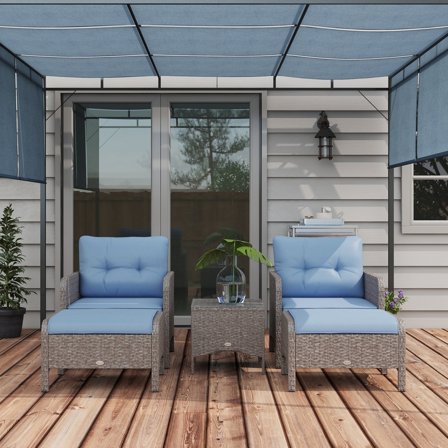 5 Pieces PE Rattan Garden Furniture Set, Wicker Outdoor Set w/ 2 Armchairs 2 Stools Glass Top Table Cushions, Blue