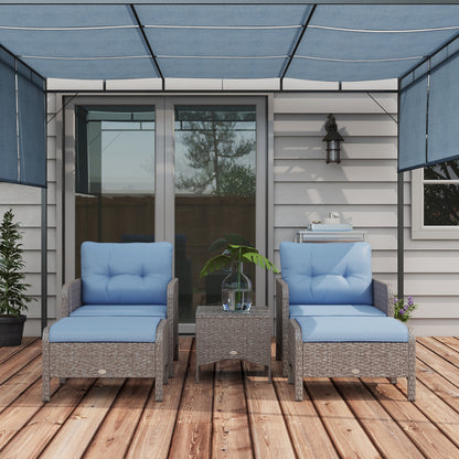 5 Pieces PE Rattan Garden Furniture Set, Wicker Outdoor Set w/ 2 Armchairs 2 Stools Glass Top Table Cushions, Blue