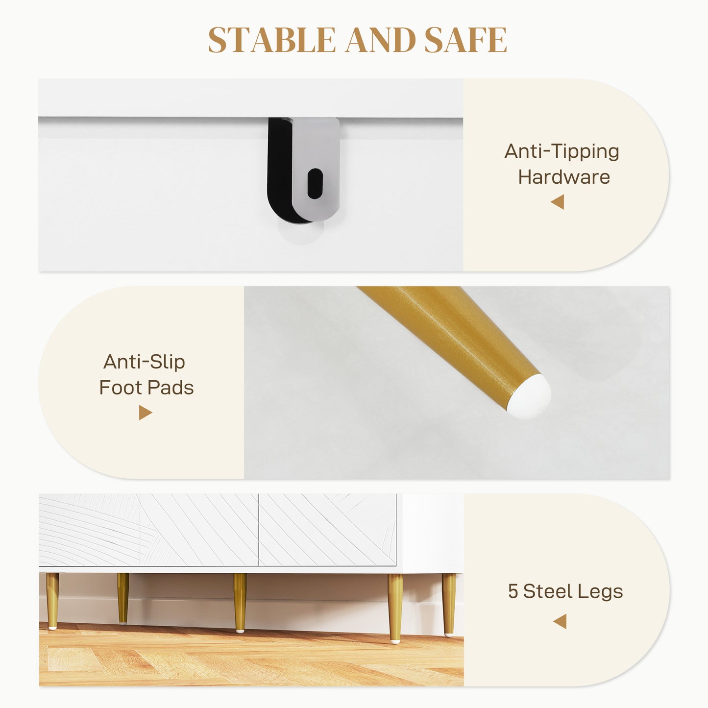 Sideboard Storage Cabinet with 3 Carved Line Doors and 5 Legs White