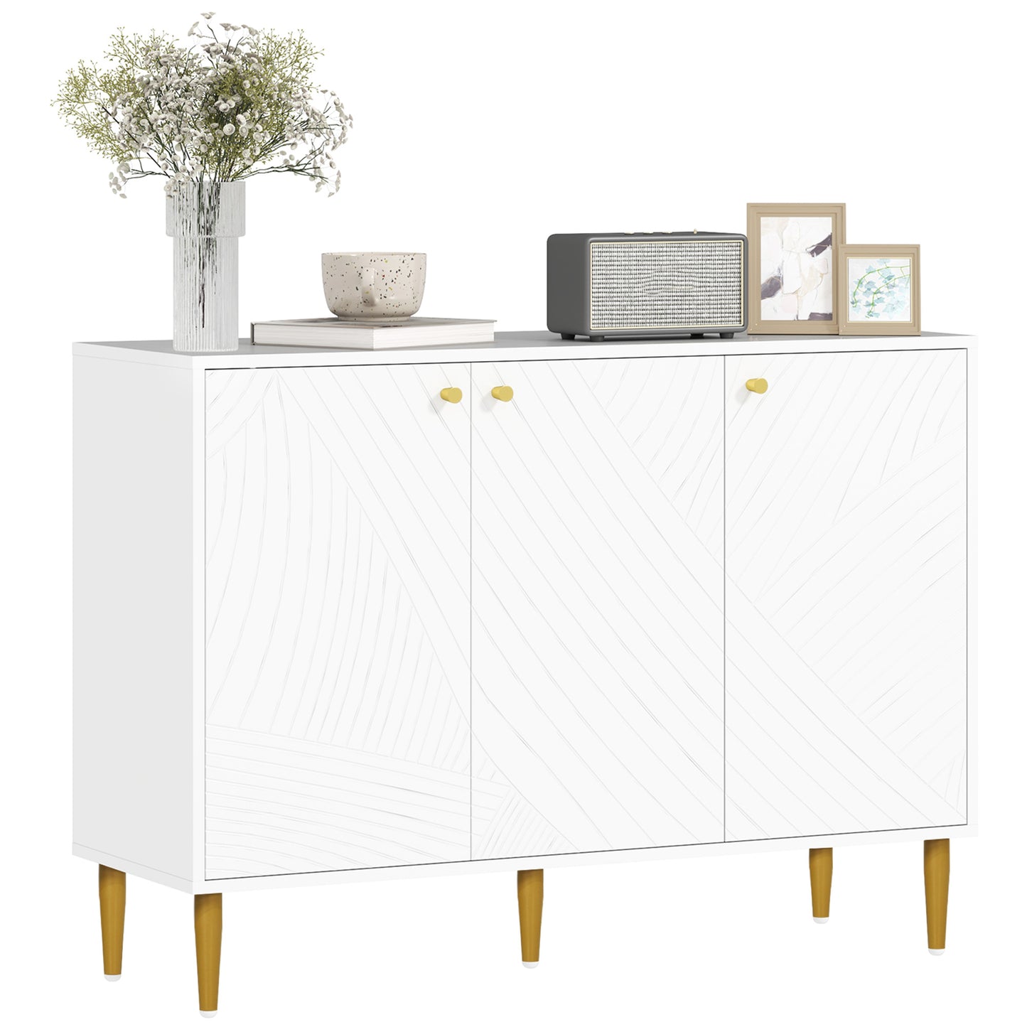 Sideboard Storage Cabinet with 3 Carved Line Doors and 5 Legs White