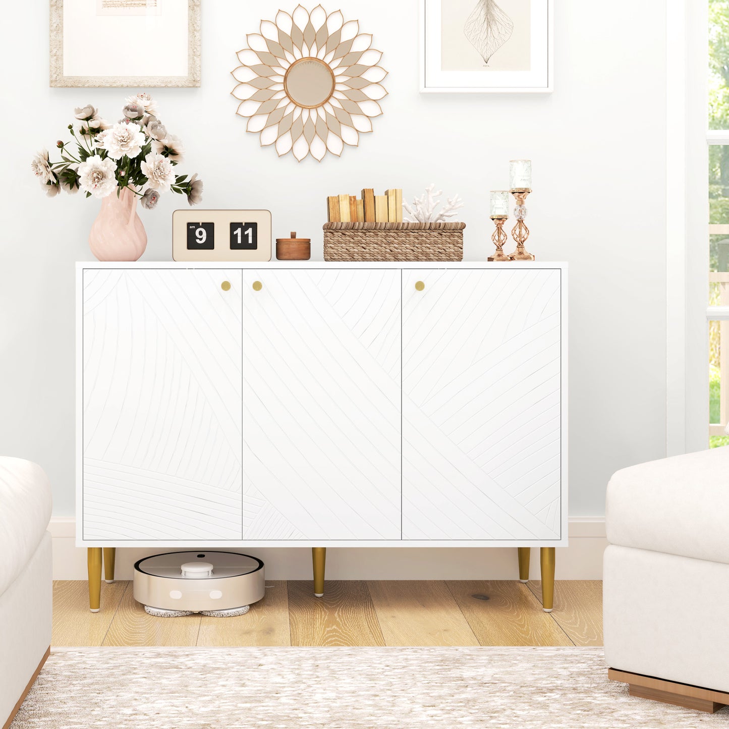 Sideboard Storage Cabinet with 3 Carved Line Doors and 5 Legs White