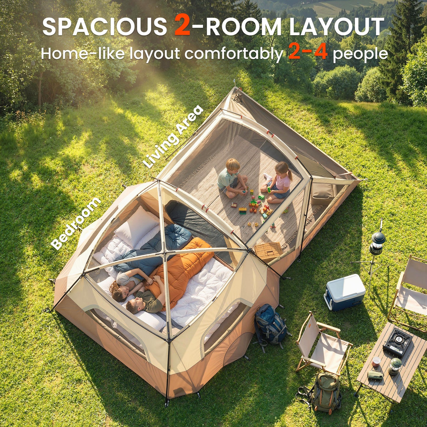 4 Person Easy Setup Family Camping Tent with 2 Rooms, Waterproof Tunnel Tent w/ Sewn In Groundsheet, Doors, Windows, Skylights and Carrying Bag, Brown & Khaki