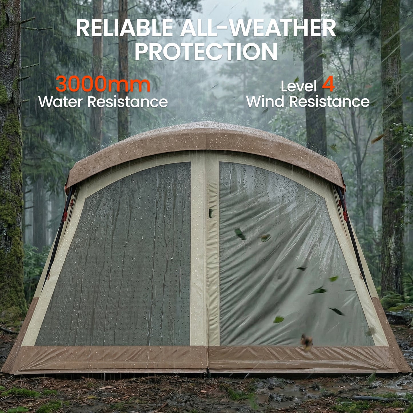 4 Person Easy Setup Family Camping Tent with 2 Rooms, Waterproof Tunnel Tent w/ Sewn In Groundsheet, Doors, Windows, Skylights and Carrying Bag, Brown & Khaki