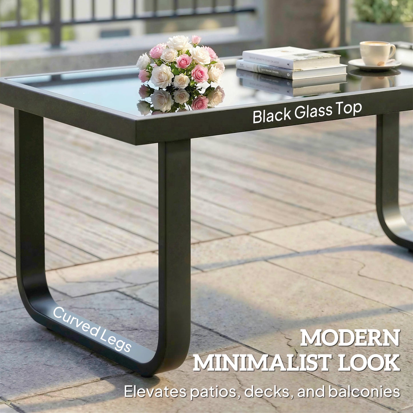 Garden Coffee Table Outdoor Side Table with Glass Top Black
