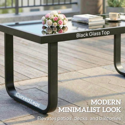 Garden Coffee Table Outdoor Side Table with Glass Top Black
