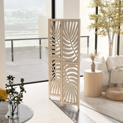 3 Panel Privacy Screens with Palm Leaf Design, Natural Wood Finish