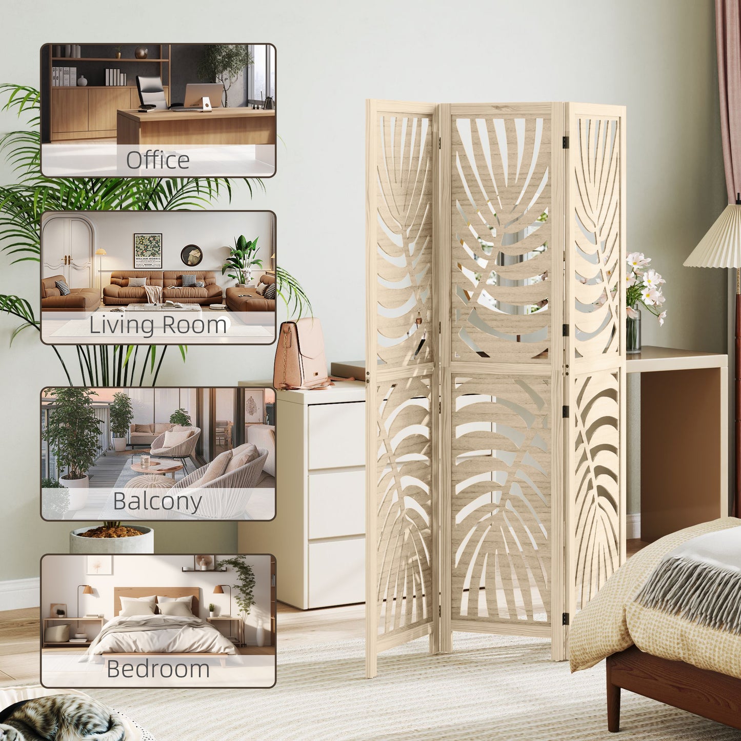 3 Panel Privacy Screens with Palm Leaf Design, Natural Wood Finish