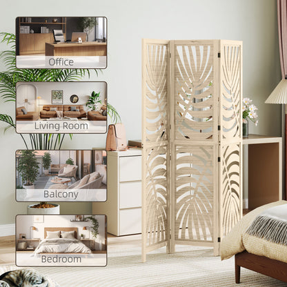 3 Panel Privacy Screens with Palm Leaf Design, Natural Wood Finish