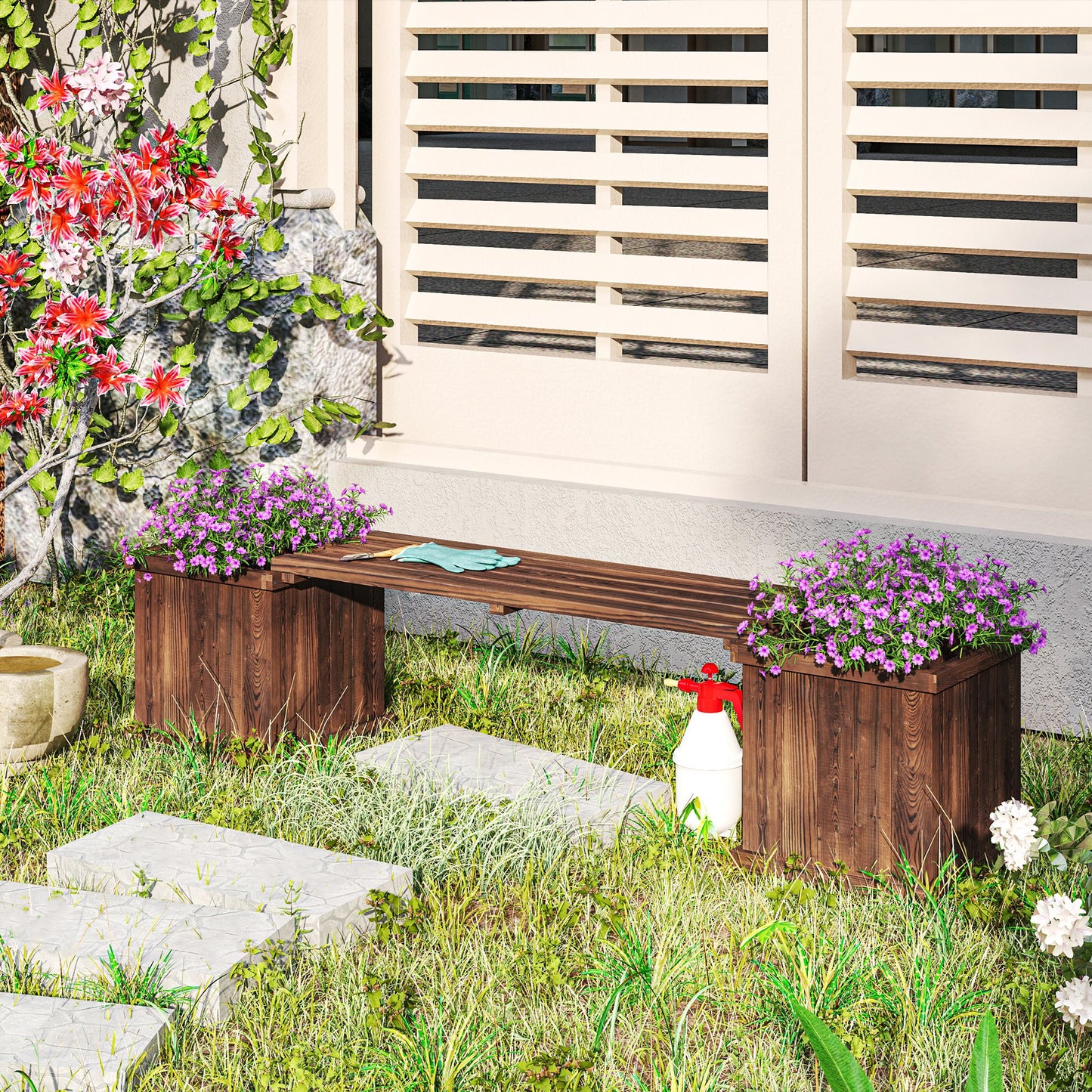 Wooden Garden Planter & Bench Combination Garden Raised Bed